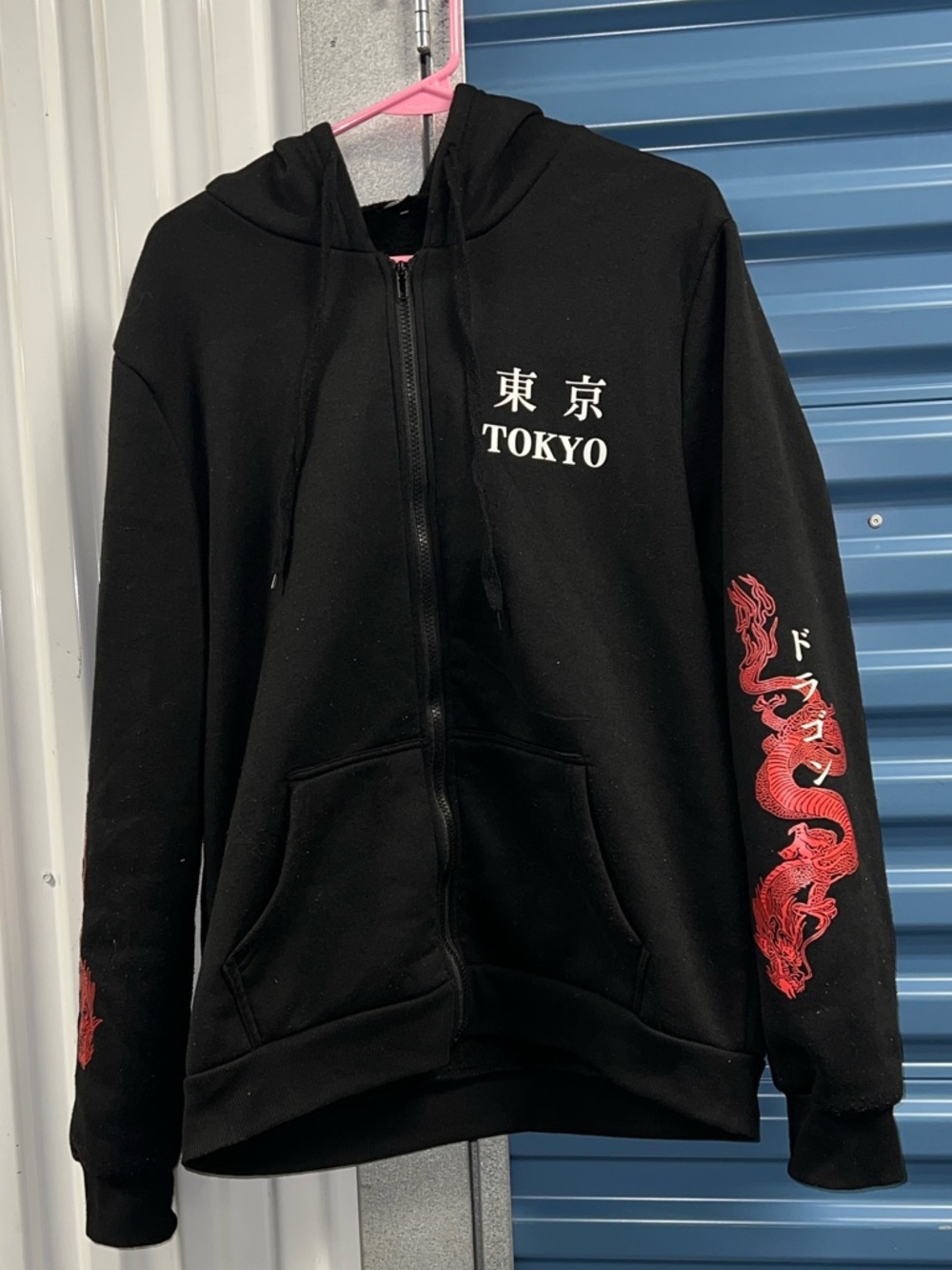 Black Zip-Up Hoodie with Red Dragon Sleeve Graphic
